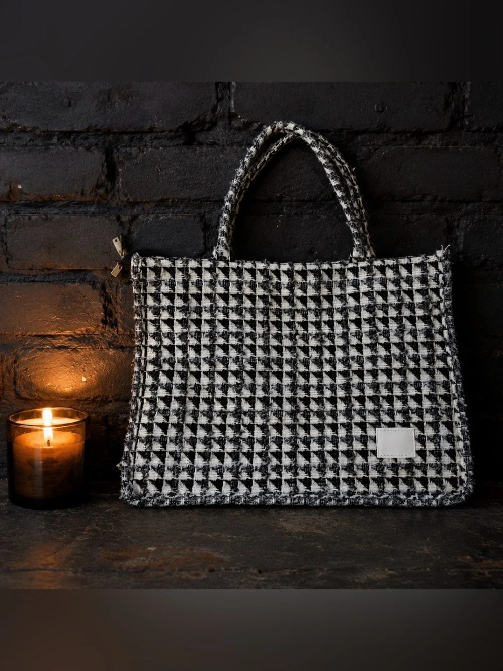 Black & White Houndstooth Tote Bag - Classic Women's Handbag